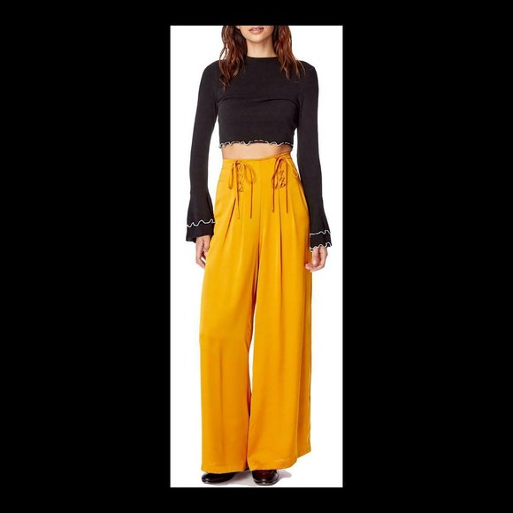 Lost + Wander Pants - Lost+Wander Womens Dawn Mustard Lace Up Pleated Wide-Leg Pants Size S NWT